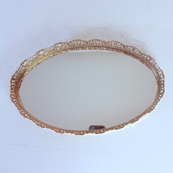 Regency Oval Mirror Vanity Tray VTG Ornate Gold Tone Filigree Glam Dresser Table - Picture 12 of 12